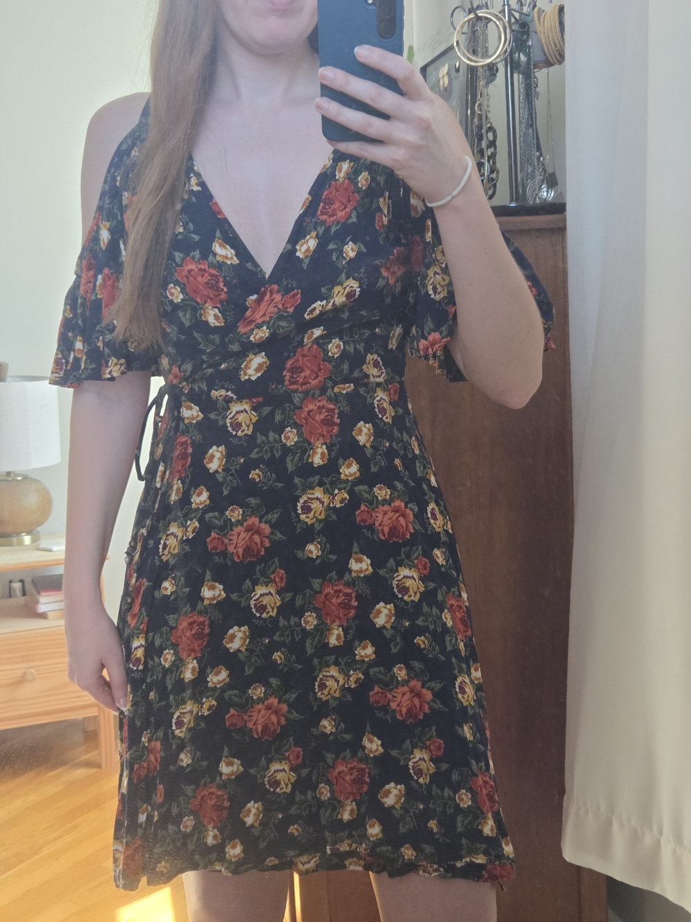 Nostalgia Black Wrap Midi Dress with Red & Cream Floral Print